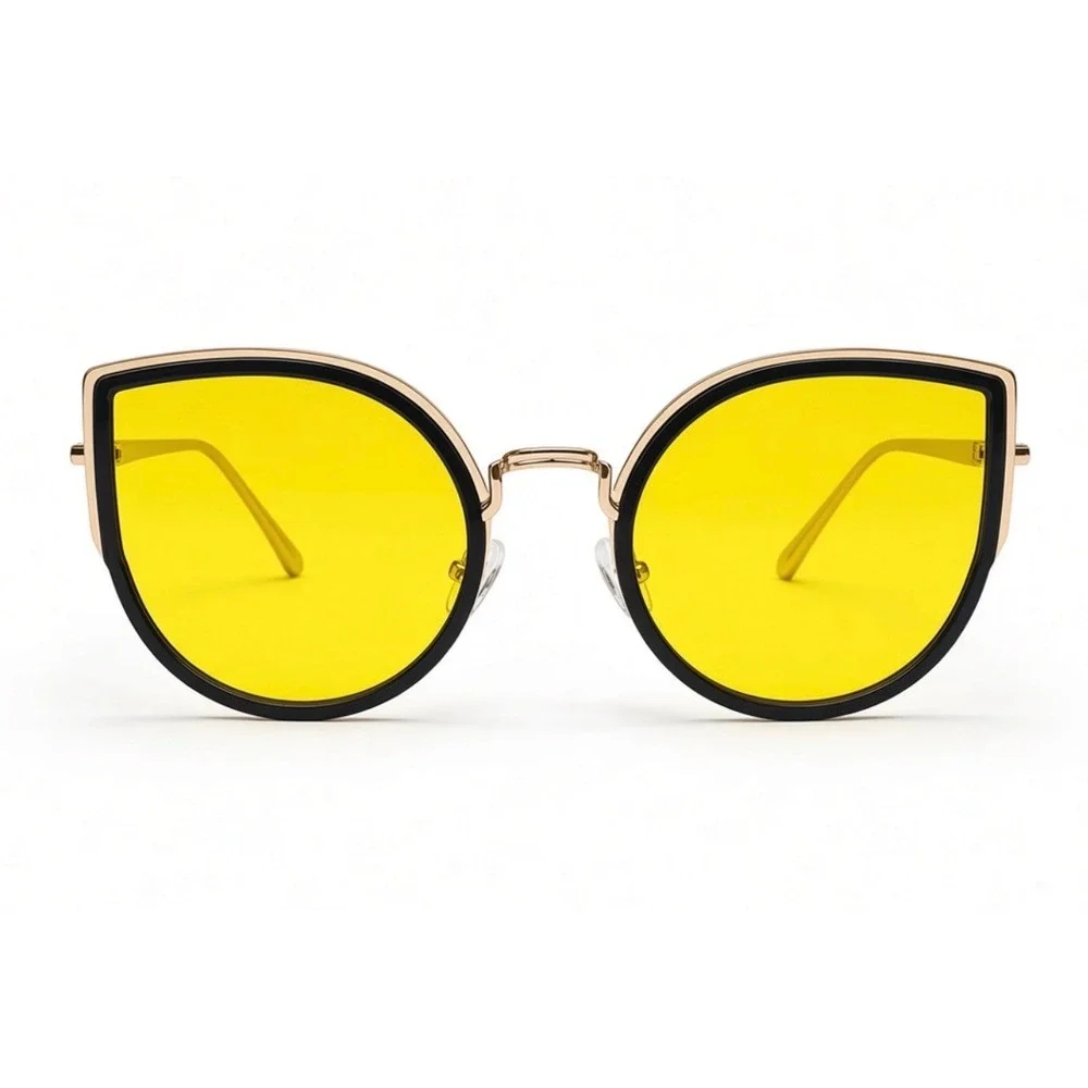 Womens Oversized Cat Eye Sunglasses Yellow Tinted Lens Gold Black Retro Frames